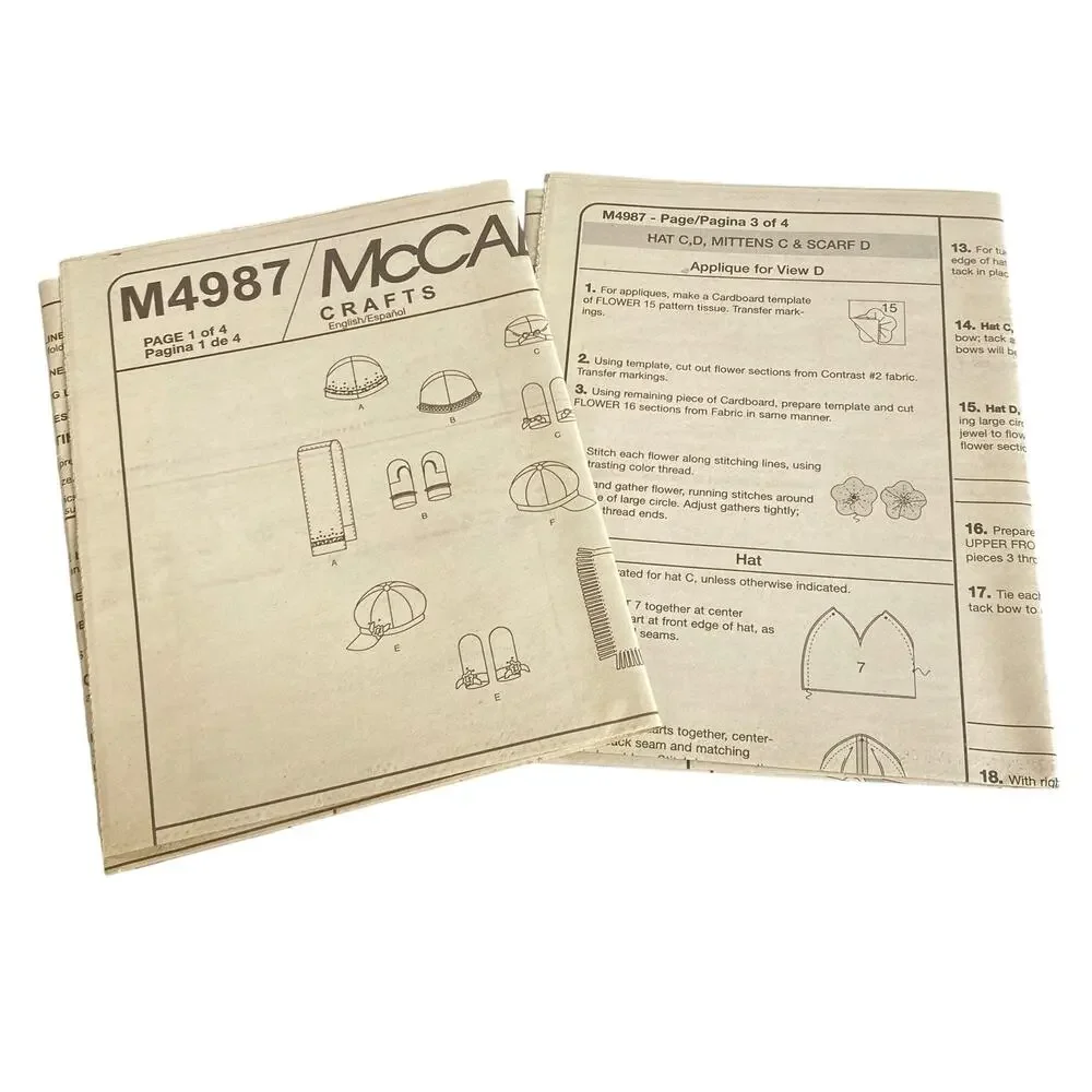 Vtg McCall’s M4987 Sewing Pattern Winter Hats Scarves Mittens UNCUT OS Y2K Boho